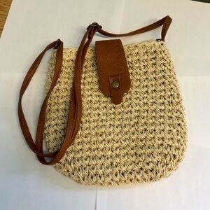 Cute cream colored straw and leather Woven Crossbody Bag